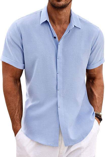 Men's Linen Shirts Short Sleeve Casual Shirts Button Down Shirt for Men Beach Summer Wedding Shirt