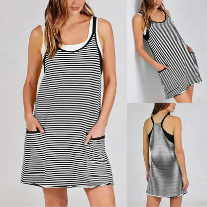 Women's Summer Sleeveless 4th Of July Striped Mini Dress with Built-in Shorts V Neck Spaghetti Straps Athletic Shorts Tennis Dress with Pockets