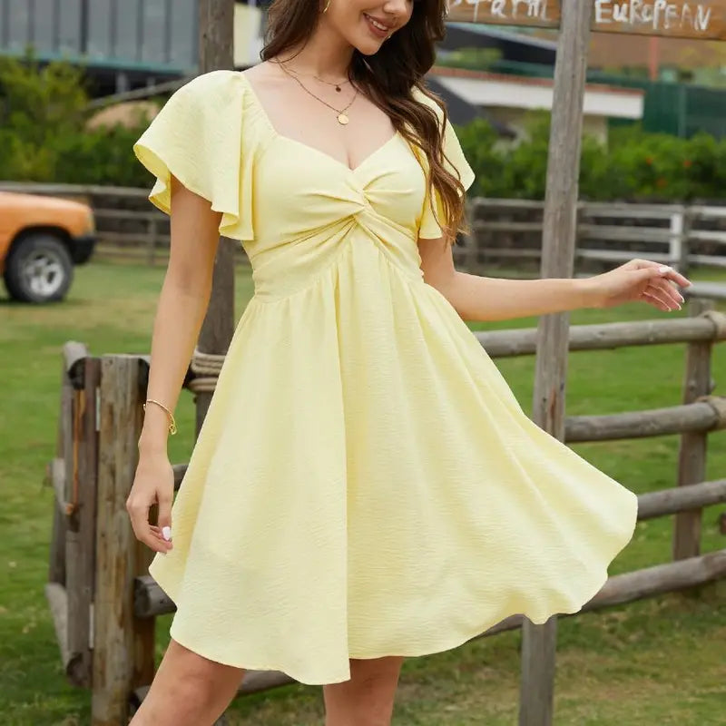 Chicovar Women's Summer Sweetheart NecklineKnot Front Flowy Mini Chiffon Dresses , Flutter Sleeve, Tie-Back, A-Line Cut, No Scratchy, No Sheer, Wedding Guest,Bridal Shower, Church, Party, Casual, or Daily Wear, Summervibes