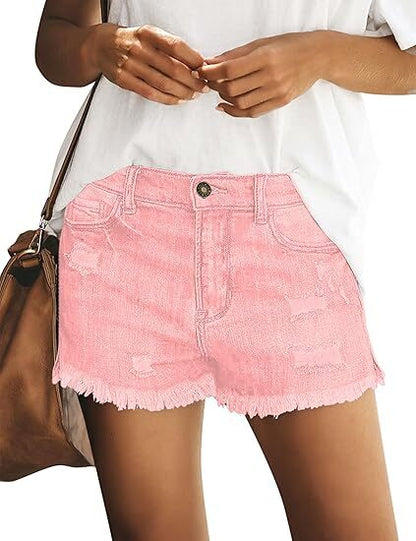 🔥Last Day 49% Off - Women's Casual Mid Rise Stretch Ripped Raw Hem Jean Shorts