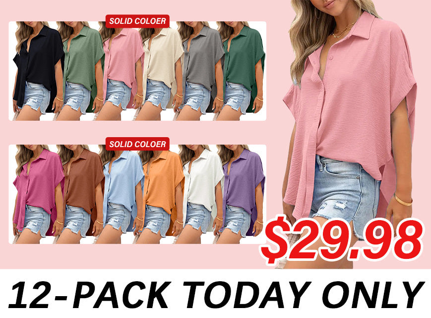 Women's Casual Button Short Sleeve Slit Hem Shirt Solid Color Tops