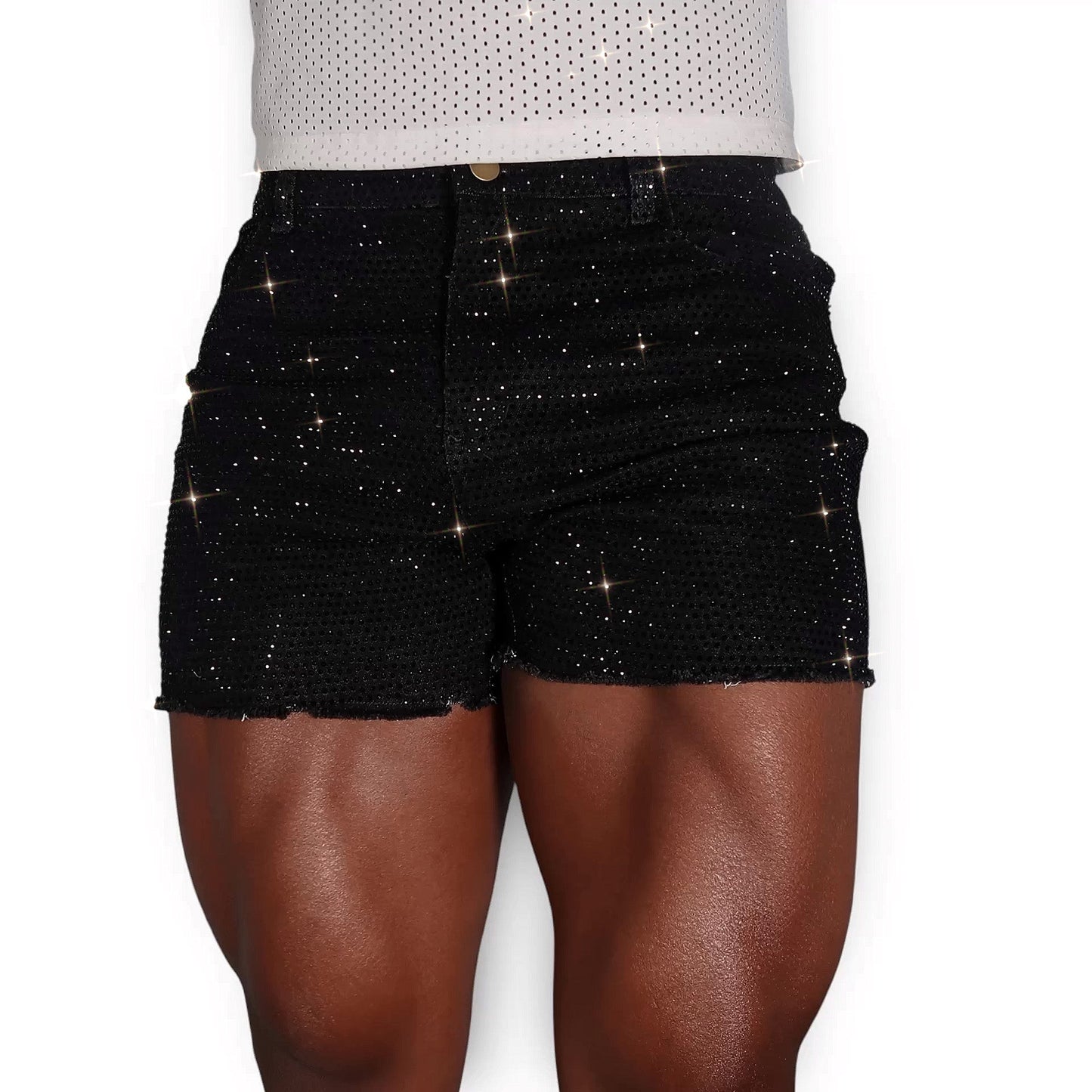 black rhinestone stretch denim MCE shorts