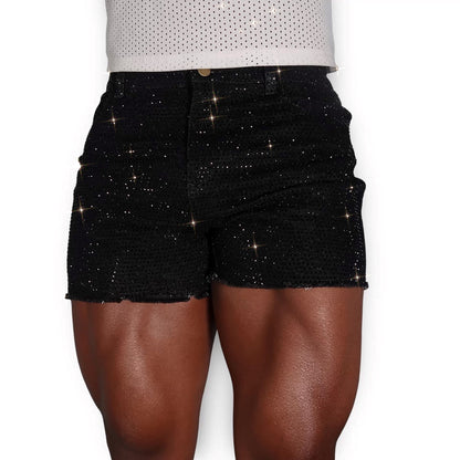 black rhinestone stretch denim MCE shorts