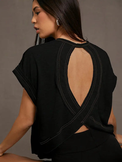 Women's Plain Cut Out Asymmetrical Hem Batwing Sleeve Tee, Elegant Casual Short Sleeve Round Neck T-Shirt for Summer, Ladies Clothes for Daily Wear