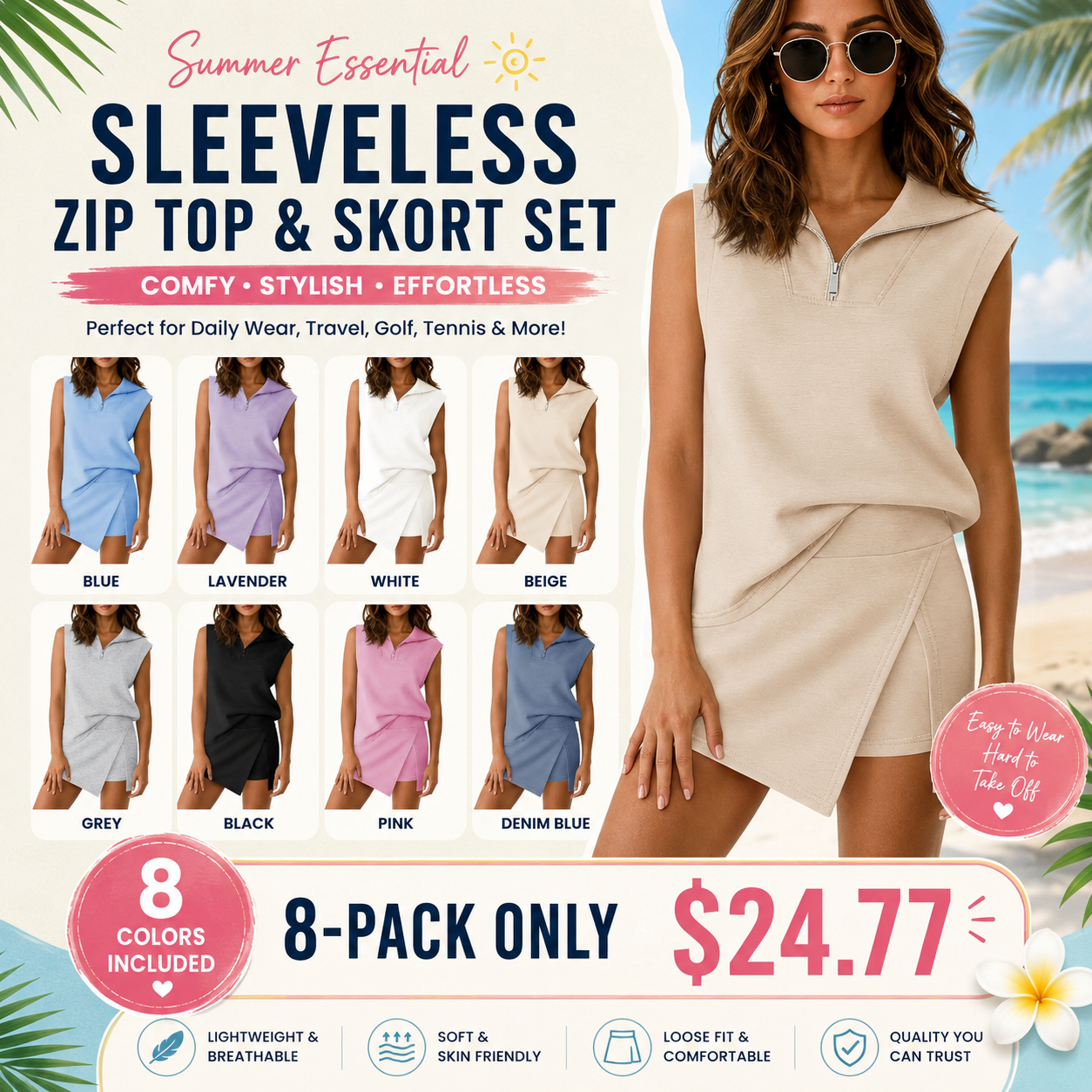 Womens 2 Piece Skirt Sets Summer Sleeveless Half Zip Sweatshirt Athletic Skorts Tennis Outfits Casual Sweatsuits