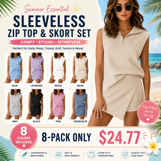 Womens 2 Piece Skirt Sets Summer Sleeveless Half Zip Sweatshirt Athletic Skorts Tennis Outfits Casual Sweatsuits