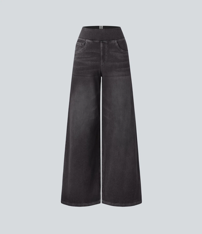 💝Last Day Promotion⚡High Waisted Multiple Pockets Baggy Wide Leg Washed Stretchy Knit Casual Jeans