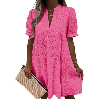 Women’s Summer Lace Dresses Eyelet Casual Flowy Babydoll Swing Short Sleeve V Neck Tunic Dress