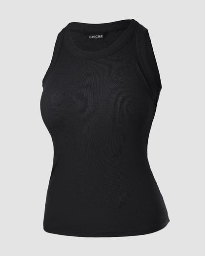 O-Neck Knit Sleeveless Basic Slim Fit Tummy Control Tank Casual Top(Without Pads)