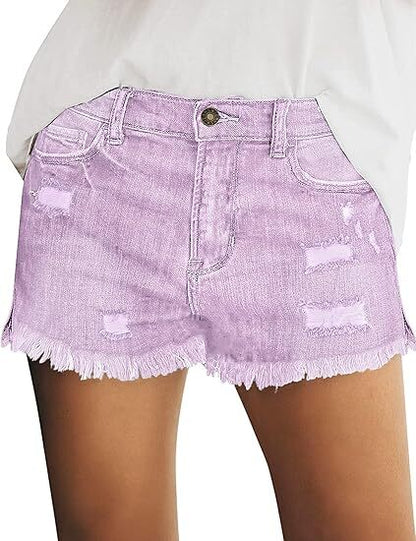 🔥Last Day 49% Off - Women's Casual Mid Rise Stretch Ripped Raw Hem Jean Shorts