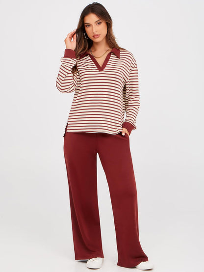 Women's 2 Piece Sets Outfits Casual Long Sleeve Sweatsuits Polo Top and Wide Leg Pants Matching Sets