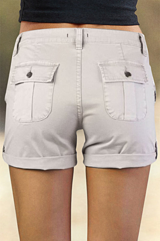 Flap Pocket Roll Tab Hem Mid Waist Shorts