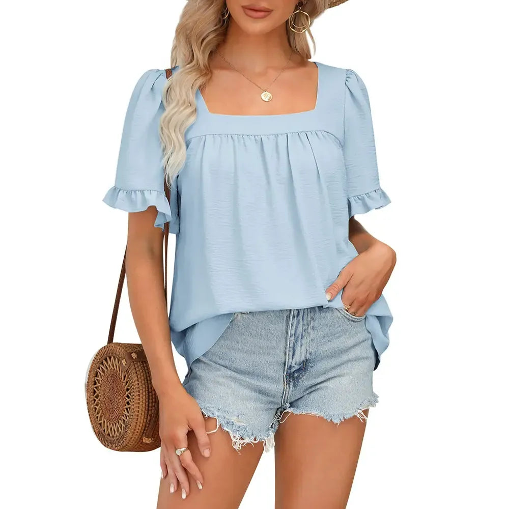 Women's Square Neck Peplum Top with Whimsical Ruffle Sleeves
