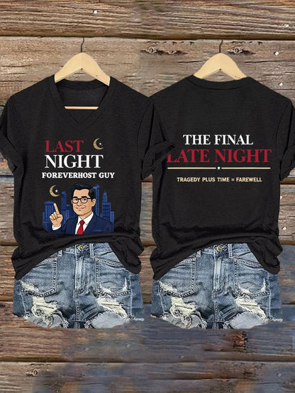 V-Neck Retro Last Night Foreverhost Guy The Final Late Night Tragedy Plus Time = Farewell Print T-Shirt