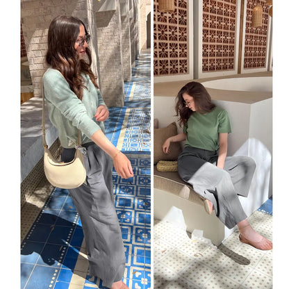 🔥Last day promotion🔥Womens Cotton Linen Pants Casual Button Up High Waisted Wide Leg Trousers Wideleg