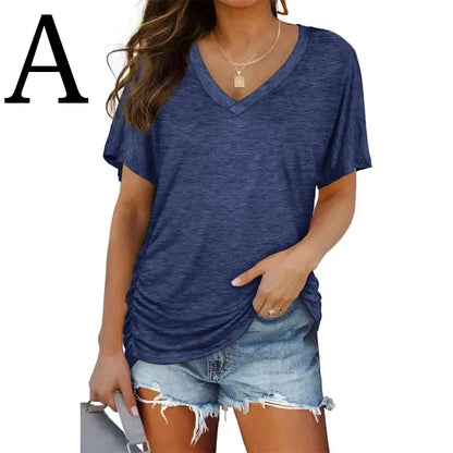 Womens Short Sleeve V Neck Dolman Tops with Side Shirring