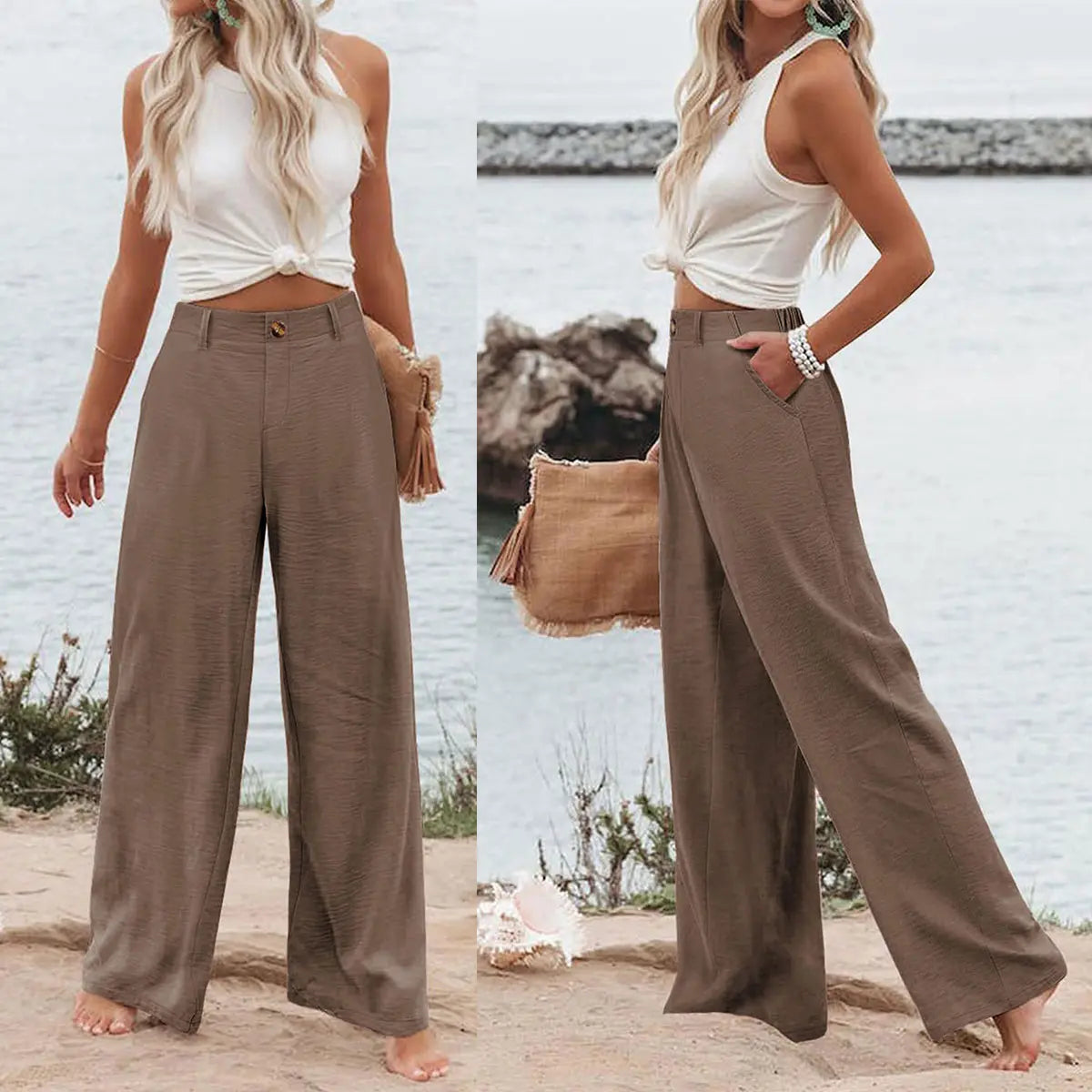 🔥Last day promotion🔥Womens Cotton Linen Pants Casual Button Up High Waisted Wide Leg Trousers Wideleg