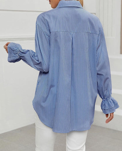 Women's Striped Button Down Shirts Smocked Cuffed Boyfriend Shirt Long Sleeve Blouse Top with 3 Pockets