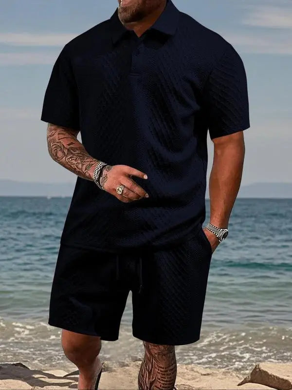 Men's Solid Polo & Drawstring Shorts Set Cozy, Breathable for Daily/Beach, Summer Casual