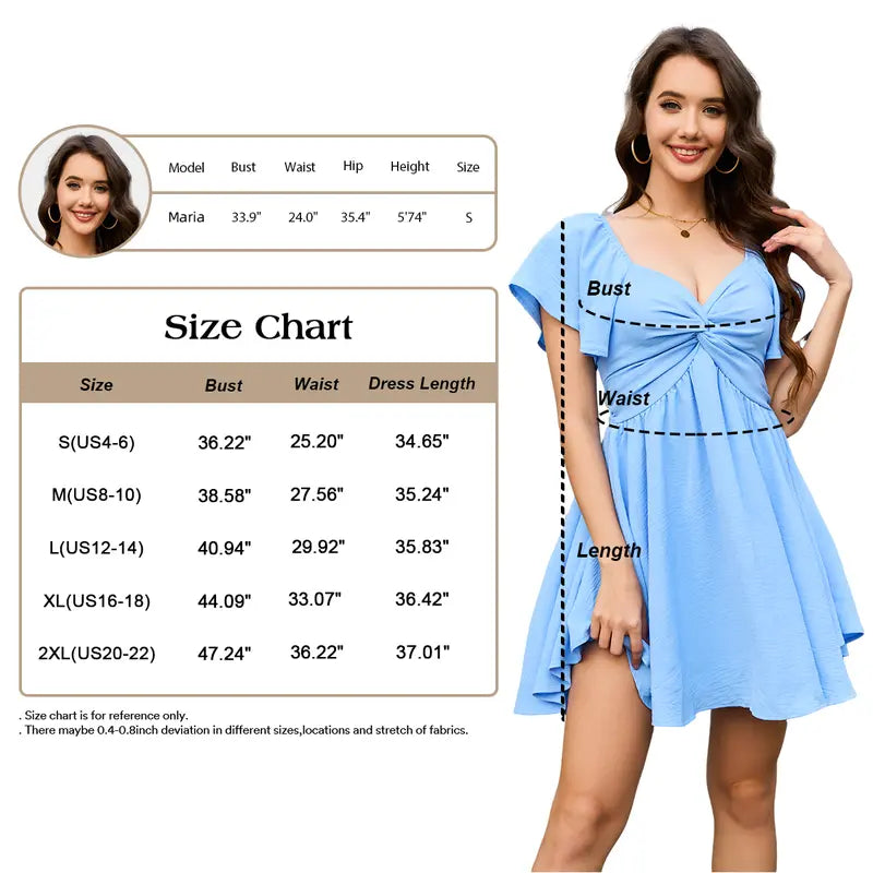 Chicovar Women's Summer Sweetheart NecklineKnot Front Flowy Mini Chiffon Dresses , Flutter Sleeve, Tie-Back, A-Line Cut, No Scratchy, No Sheer, Wedding Guest,Bridal Shower, Church, Party, Casual, or Daily Wear, Summervibes