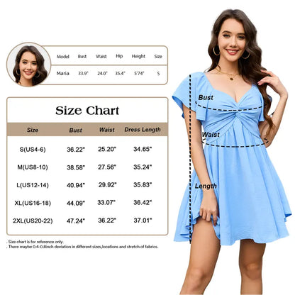 Chicovar Women's Summer Sweetheart NecklineKnot Front Flowy Mini Chiffon Dresses , Flutter Sleeve, Tie-Back, A-Line Cut, No Scratchy, No Sheer, Wedding Guest,Bridal Shower, Church, Party, Casual, or Daily Wear, Summervibes