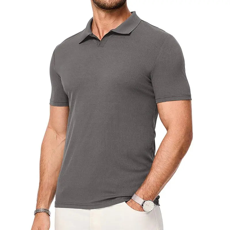 JMIERR Men's Muscle V - Neck Slim - Fit Ribbed Polo