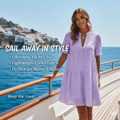 Women’s Summer Lace Dresses Eyelet Casual Flowy Babydoll Swing Short Sleeve V Neck Tunic Dress