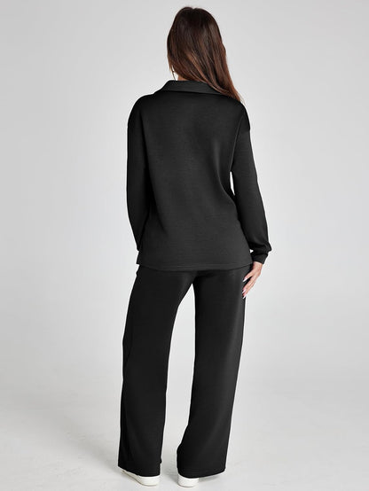 Women's 2 Piece Sets Outfits Casual Long Sleeve Sweatsuits Polo Top and Wide Leg Pants Matching Sets