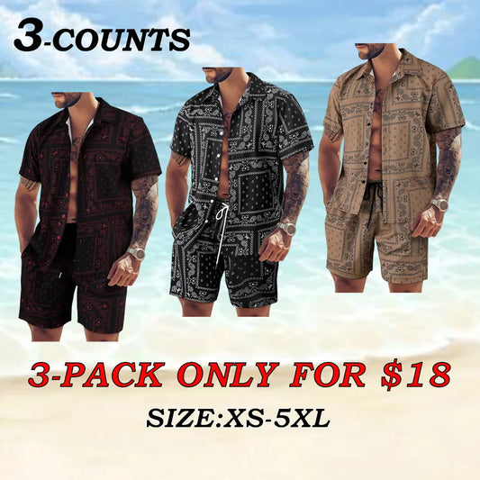Men's All-Over Print Shirt & Shorts Set Casual Button Collar, Drawstring Waist, Tropical Summer