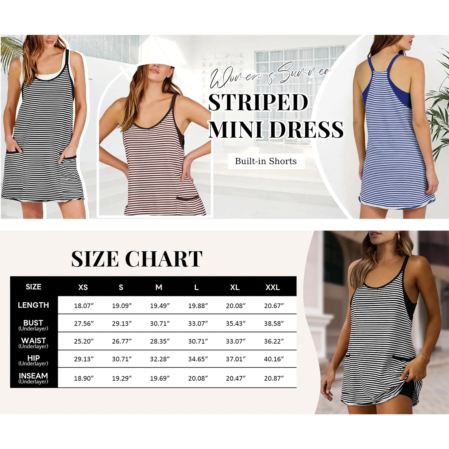 Women's Summer Sleeveless 4th Of July Striped Mini Dress with Built-in Shorts V Neck Spaghetti Straps Athletic Shorts Tennis Dress with Pockets