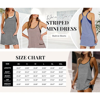 Women's Summer Sleeveless 4th Of July Striped Mini Dress with Built-in Shorts V Neck Spaghetti Straps Athletic Shorts Tennis Dress with Pockets