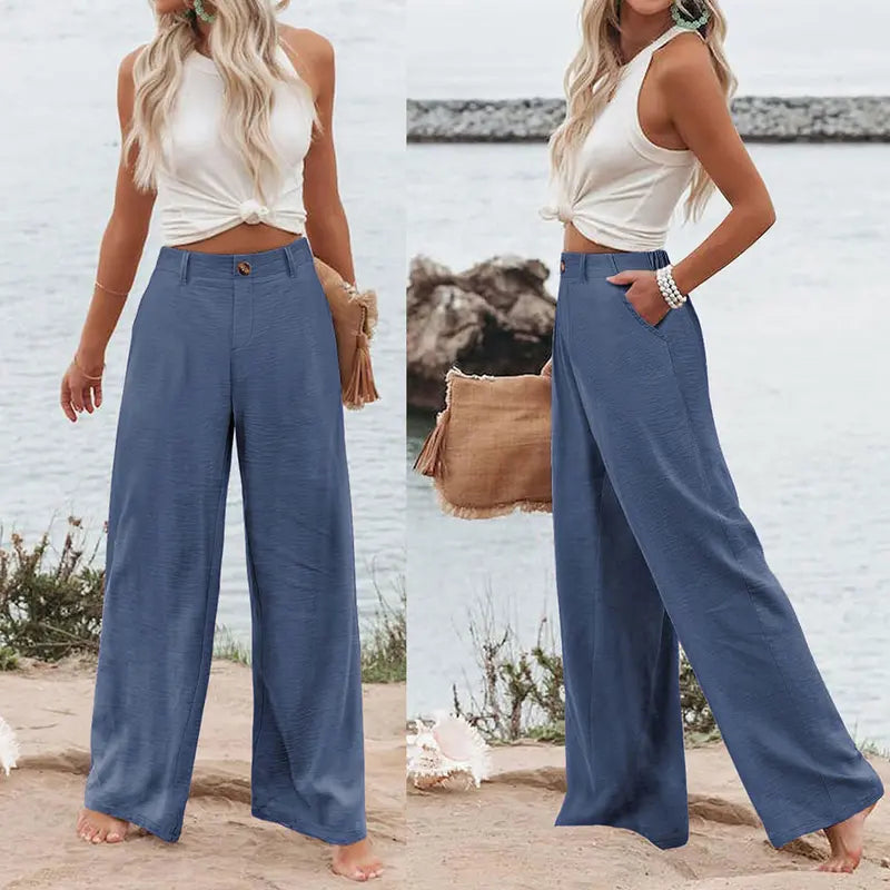 🔥Last day promotion🔥Womens Cotton Linen Pants Casual Button Up High Waisted Wide Leg Trousers Wideleg