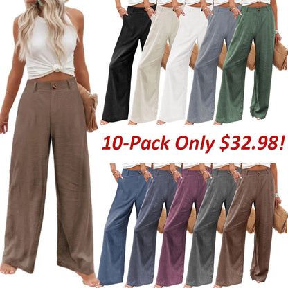 🔥Last day promotion🔥Womens Cotton Linen Pants Casual Button Up High Waisted Wide Leg Trousers Wideleg