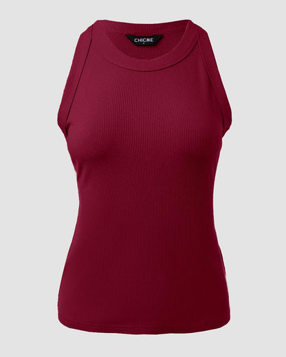 O-Neck Knit Sleeveless Basic Slim Fit Tummy Control Tank Casual Top(Without Pads)