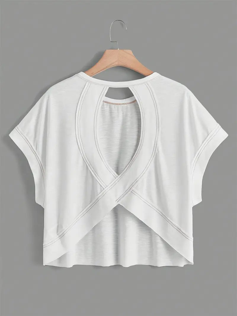 Women's Plain Cut Out Asymmetrical Hem Batwing Sleeve Tee, Elegant Casual Short Sleeve Round Neck T-Shirt for Summer, Ladies Clothes for Daily Wear