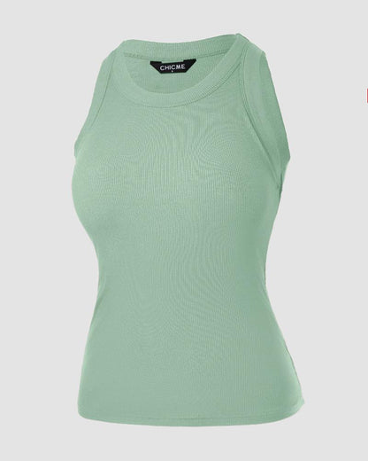 O-Neck Knit Sleeveless Basic Slim Fit Tummy Control Tank Casual Top(Without Pads)