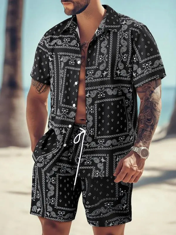 Men's All-Over Print Shirt & Shorts Set Casual Button Collar, Drawstring Waist, Tropical Summer