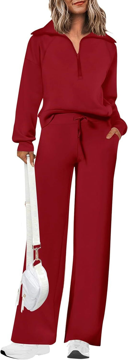 Women's 2 Piece Outfits Casual Lapel Half Zip Sweatshirts And Wide Leg Pants Tracksuit Sets