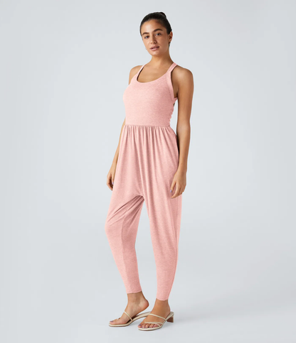 💝Last day promotion-⏰Backless Twisted U Neck Side Pocket Harem Casual Jumpsuit-Easy Peezy Edition