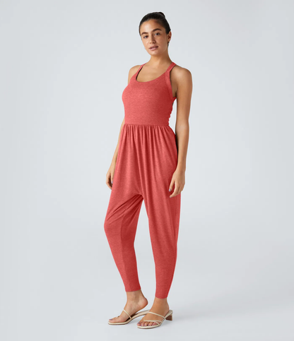 💝Last day promotion-⏰Backless Twisted U Neck Side Pocket Harem Casual Jumpsuit-Easy Peezy Edition