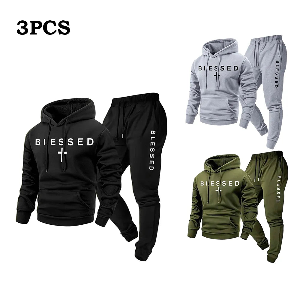 Blessed Cross Letter Print Hoodie & Drawstring Sweatpants Set
