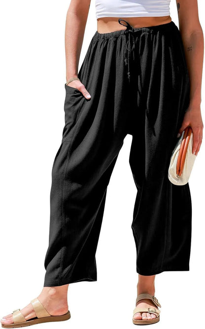 Women's Linen Wide Leg Pants Casual Loose Drawstring Low Waist with Pockets