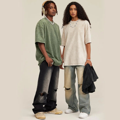 Oversized T Shirts Acid Wash Cotton Crew Neck Half Short Sleeve Summer Unisex Tees Casual Loose Fit Solid Streetwear Comfortable Tops Basic Womenswear Plain Tshirt