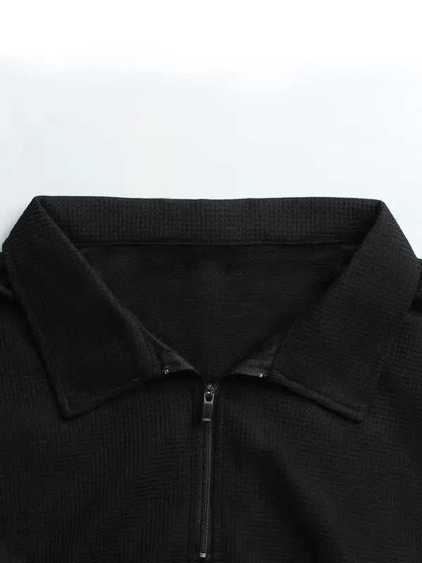 Men's Solid Textured Long Sleeve Polo Shirt & Drawstring Waist Pants Set