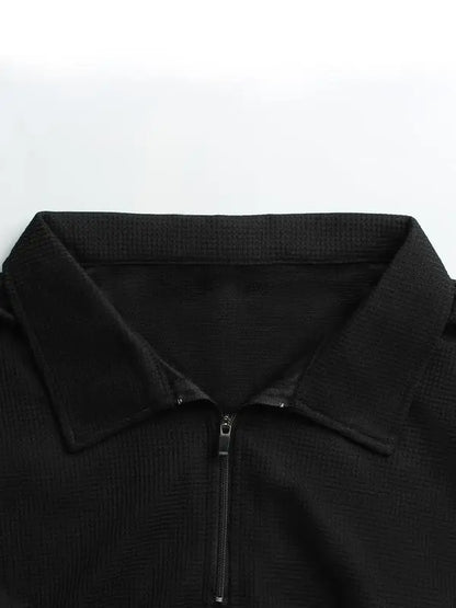 Men's Solid Textured Long Sleeve Polo Shirt & Drawstring Waist Pants Set