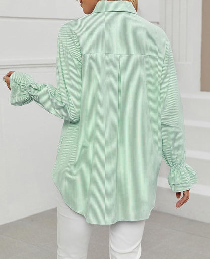 Women's Striped Button Down Shirts Smocked Cuffed Boyfriend Shirt Long Sleeve Blouse Top with 3 Pockets