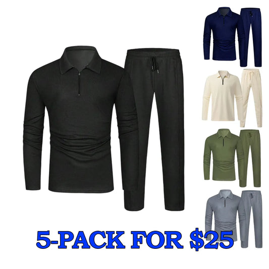 Men's Solid Textured Long Sleeve Polo Shirt & Drawstring Waist Pants Set