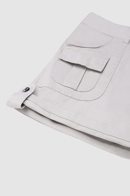 Flap Pocket Roll Tab Hem Mid Waist Shorts
