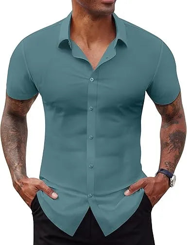 Men's Short Sleeve Stretch Slim Fit Casual Button Down Shirts
