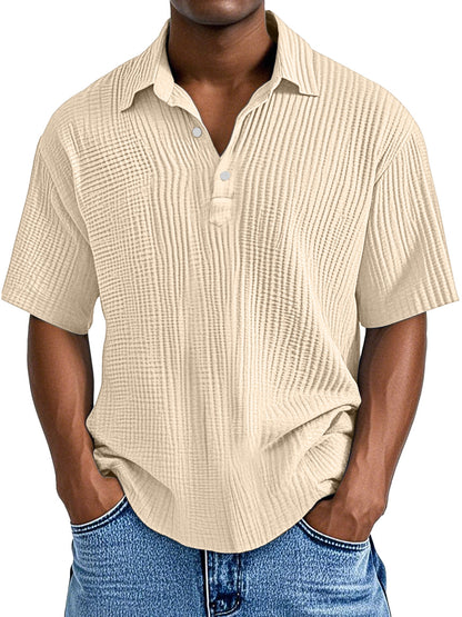 Men's Simple Daily Loose Pleated Texture Short Sleeve Lapel Polo Shirt